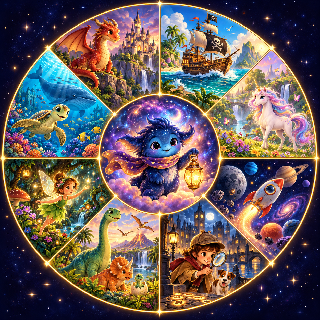 Nébula en el centro de ocho mundos: piratas, unicornios, espacio, detectives, prehistoria, hadas, océano y dragones.